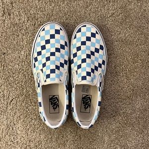 White and blue checkered Vans Slip Ons